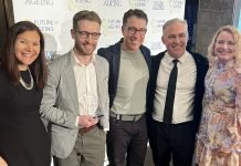 (l-r) The Mirus Australia team with 2023 award winner Marleen Galligan from Care Friends. Future of Ageing Awards presentation, Sydney, August 2024.